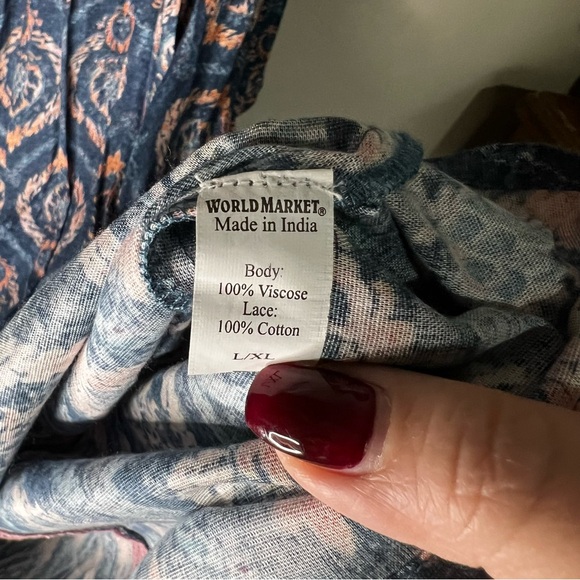 NWT World Market Blue and Pink Abstract Boho Bishop Sleeve‎ Midi V-Neck Dress